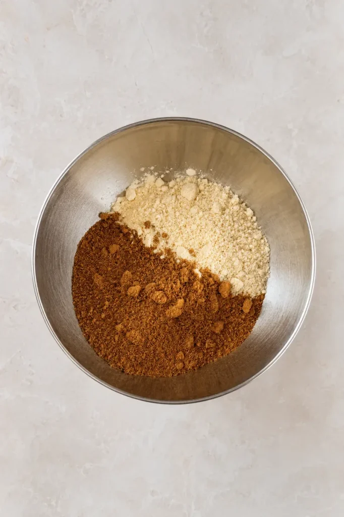 Vegan apple cake ingredients with coconut sugar and almond flour in a metal mixing bowl.