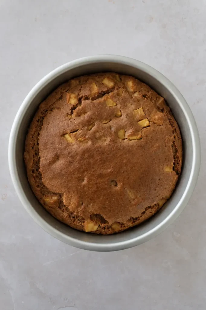 Vegan apple cake baked in a round cake pan, with a lightly golden surface and small apple pieces visible throughout.