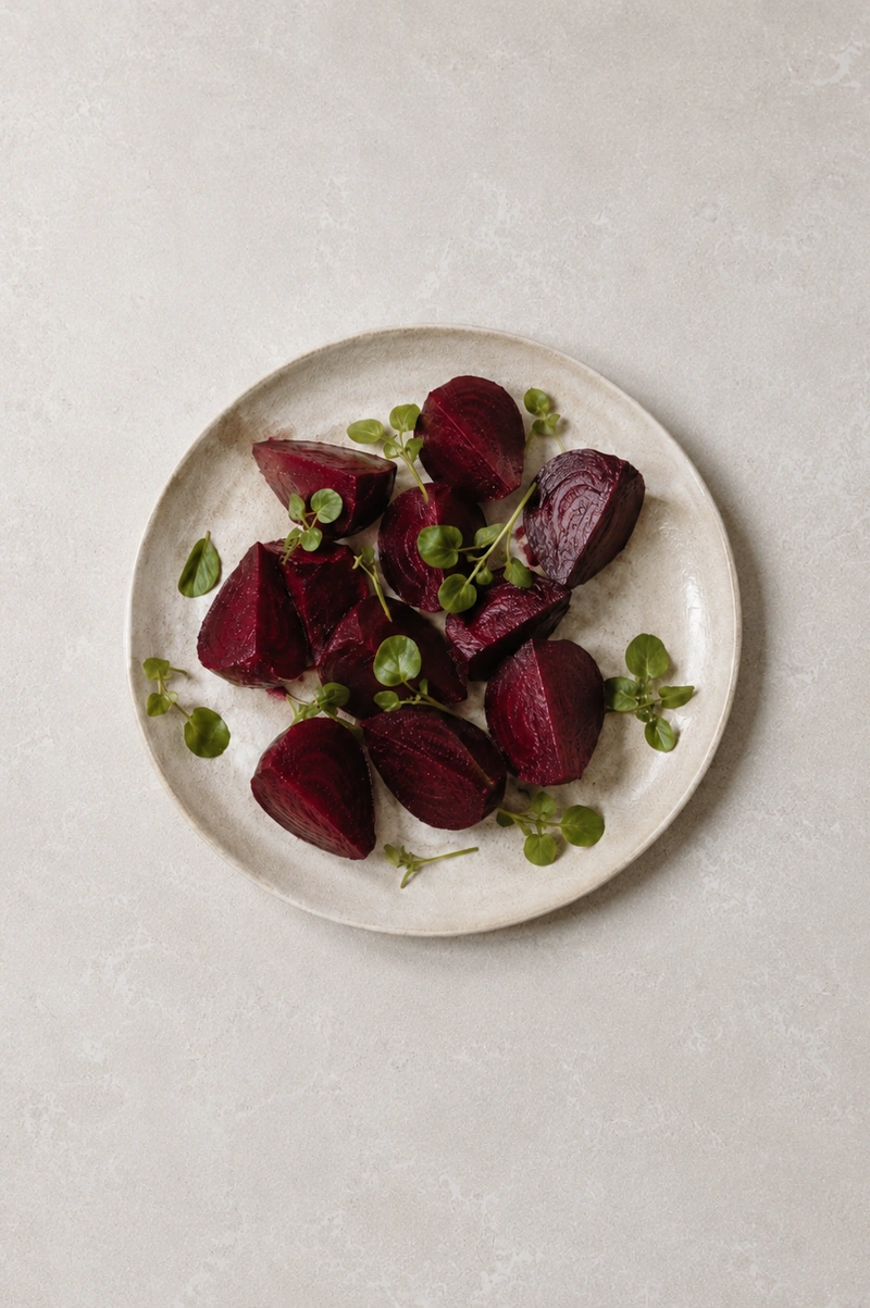 Boiled beetroot wedges with watercress on a ceramic plate, arranged on a neutral stone surface in a minimal editorial food style.