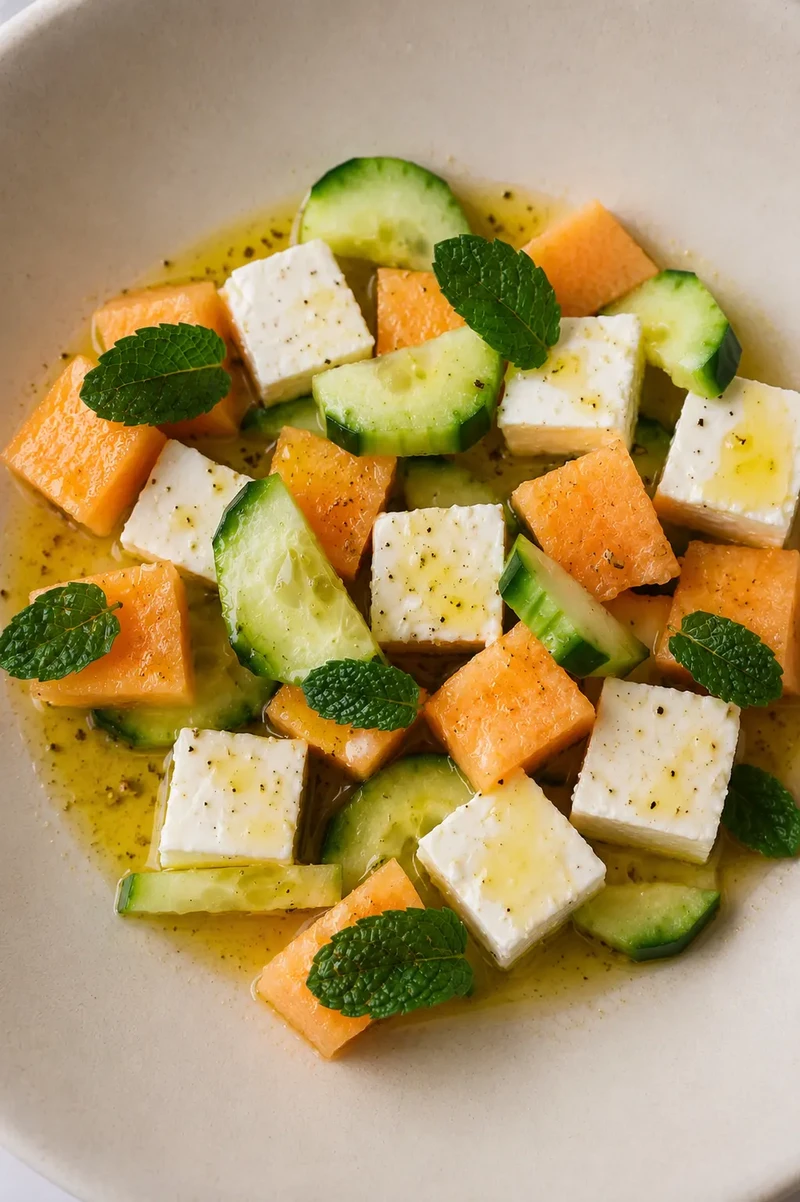 Cantaloupe salad recipe with vegan feta, cucumber, fresh mint, and olive oil served in a beige bowl.