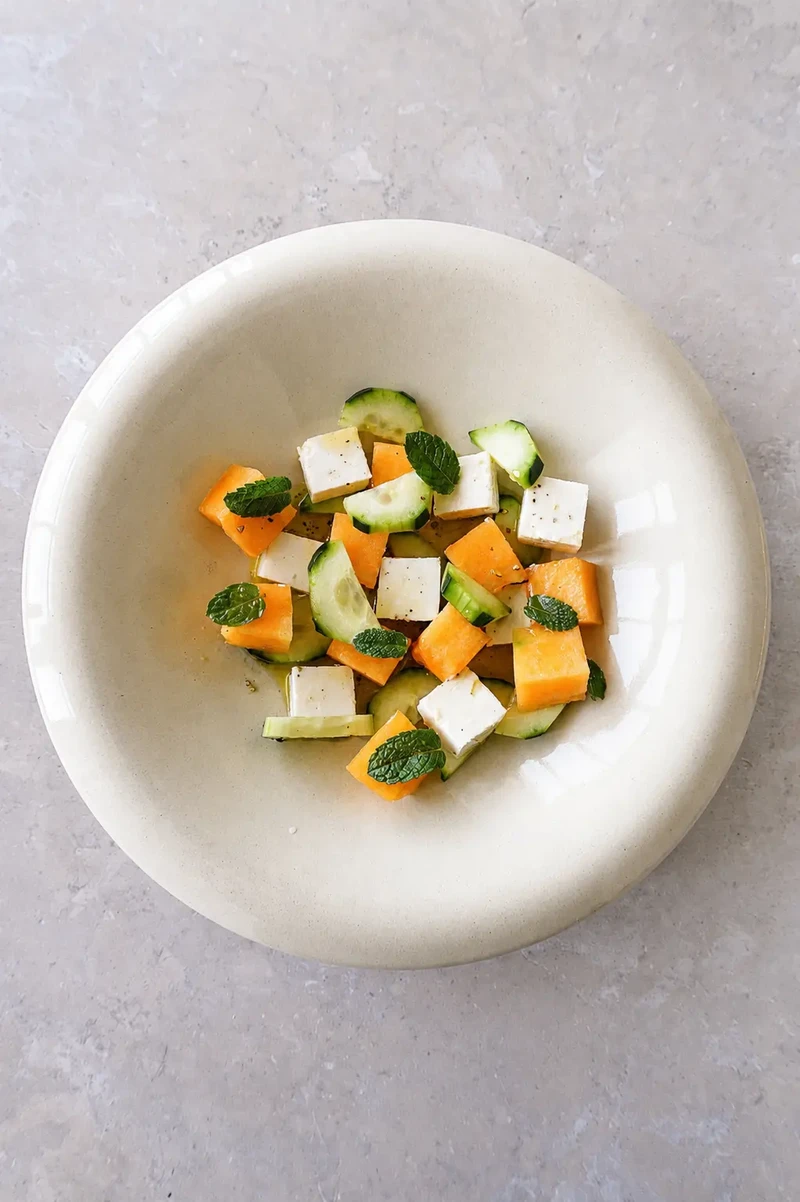 Cantaloupe cucumber vegan feta salad with olive oil, fresh mint, and black pepper in a beige bowl on a soft stone background.