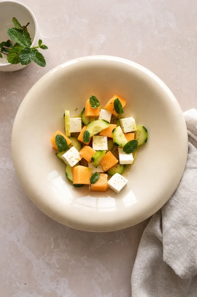 Cantaloupe Salad with Vegan Feta, Cucumber and Mint