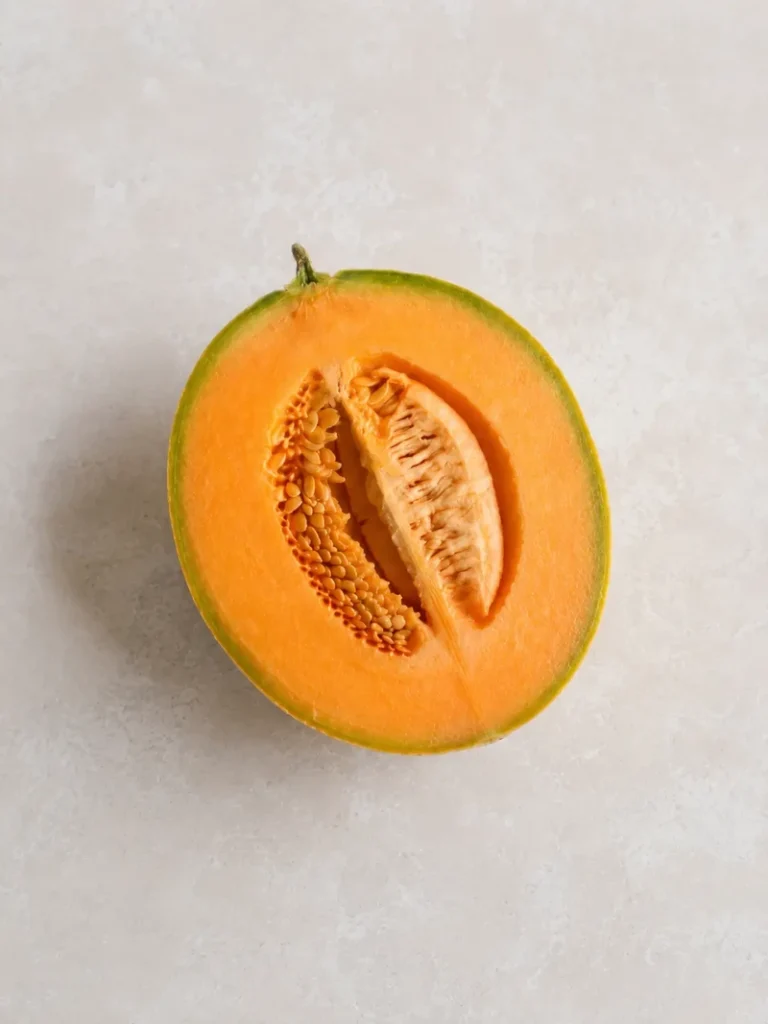 Halved cantaloupe on light stone surface, photographed from above in a clean, minimal composition.