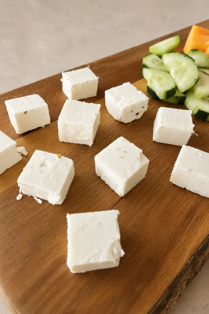 Vegan feta cubes on a wooden board with cucumber slices for cantaloupe feta salad