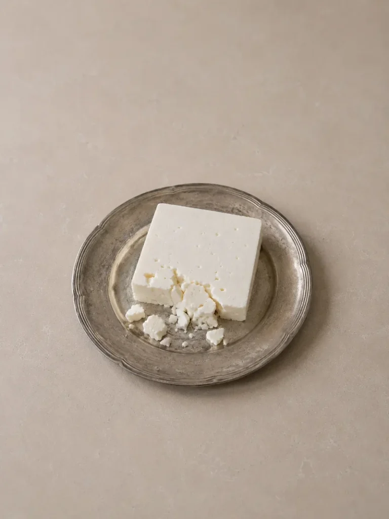 Vegan feta cheese on a vintage silver plate, slightly crumbled on one side, photographed on a neutral stone surface with soft natural light.