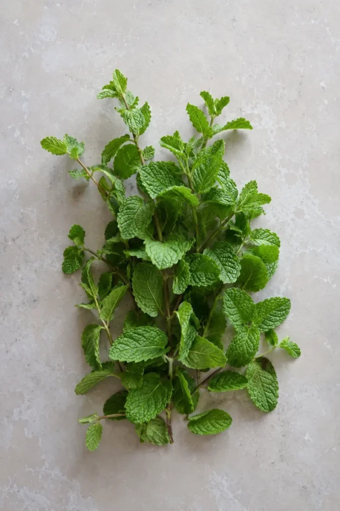 fresh mint leaves on a concrete table for a vegan cantaloupe salad