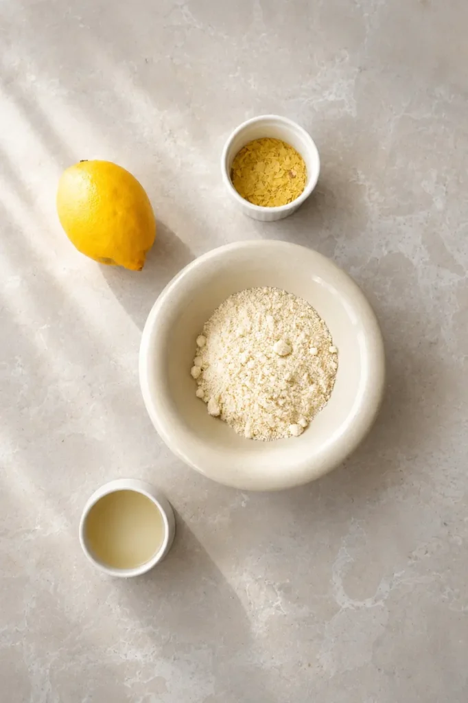 Vegan ricotta ingredients with lemon, nutritional yeast, almond flour, and oil arranged on a light stone surface