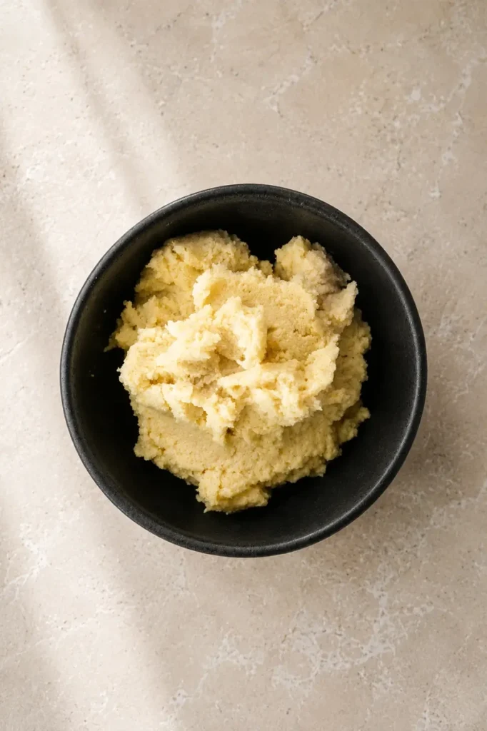 Vegan ricotta in a black bowl with a soft crumbly texture, photographed from above