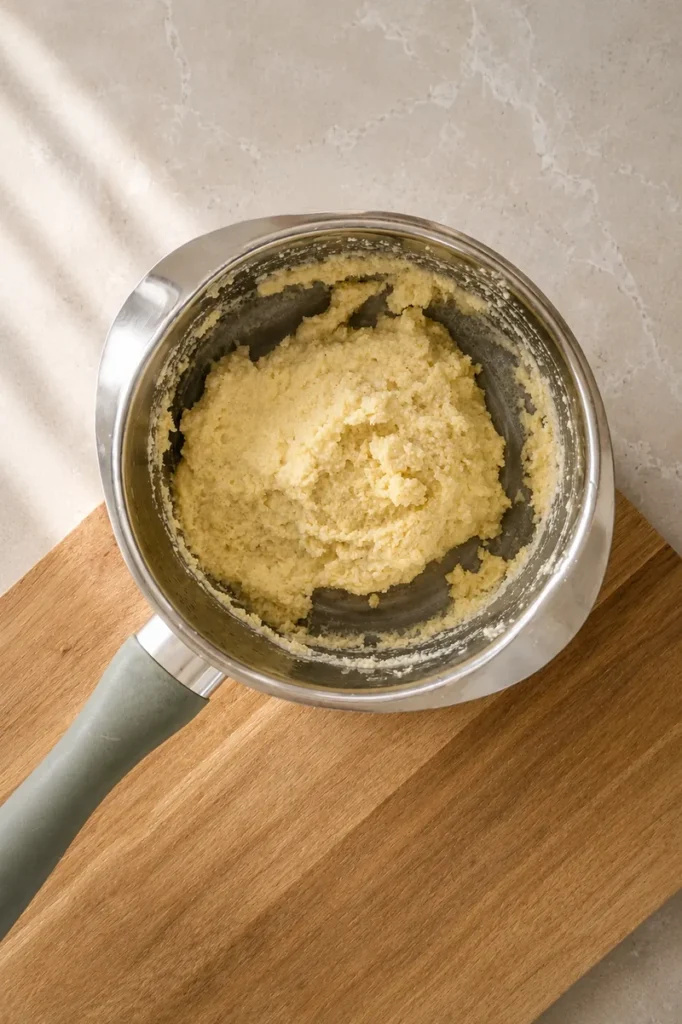 Vegan ricotta mixture thickened in a saucepan on a wooden board