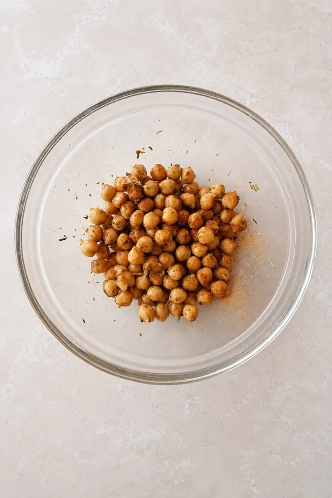 Seasoned chickpeas in a glass bowl on a light neutral countertop, photographed from above.