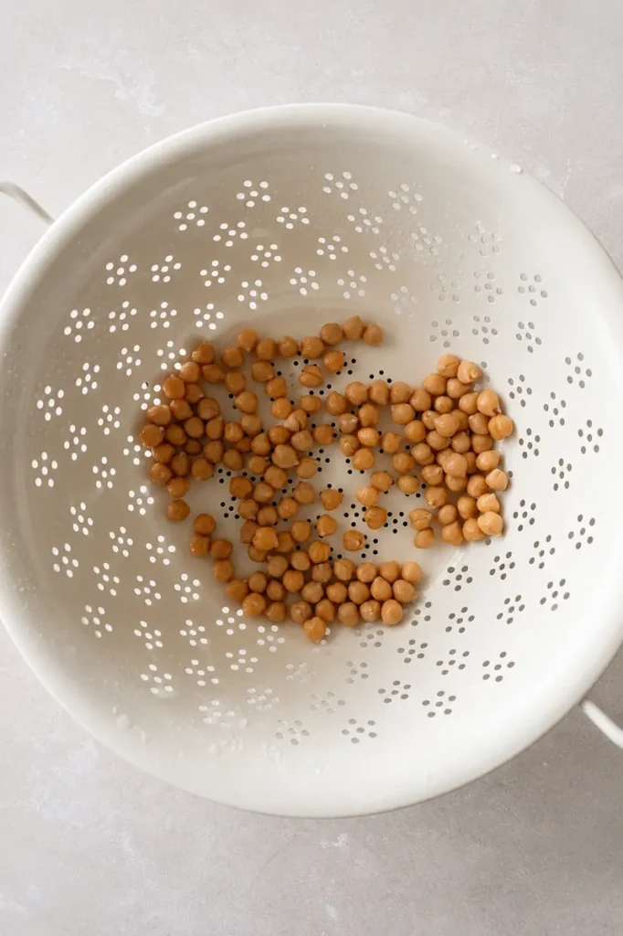 Spiced chickpeas in a clear glass bowl on a pale stone surface, top-down food photo.
