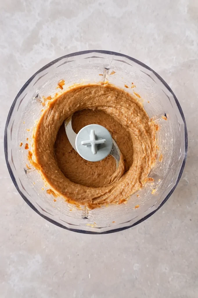 Medjool date caramel sauce blended into a thick and smooth paste inside a food processor.