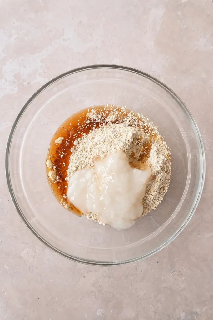 Easy Vegan Twix Bars with Dates mixture ingredients in a glass bowl with oat flour, maple syrup, and a creamy binder before mixing.