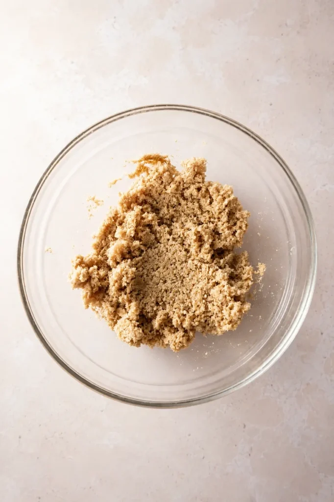 Easy Vegan Twix Bars with Dates crumb base mixture in a glass bowl, showing the sandy texture before pressing into the pan.