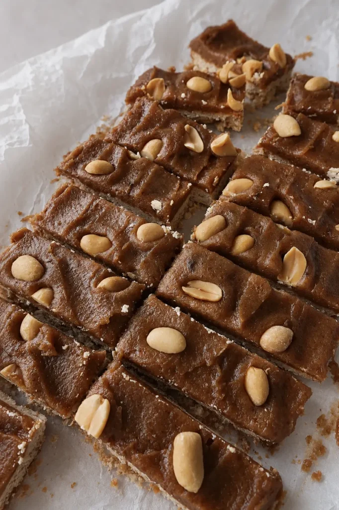 Easy Vegan Twix Bars with Dates sliced into squares with a glossy date caramel layer and peanuts on top.