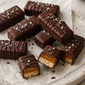 Easy Vegan Twix Bars with Dates chocolate-covered bars on parchment paper on a ceramic plate with a glossy drizzle and salt as decoration