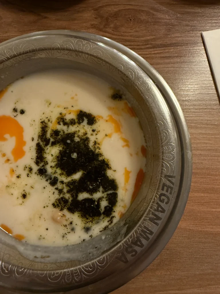 vegan restaurants in Istanbul, a close-up of a creamy Turkish-style vegan soup served in a metal bowl with herbs and chili oil.