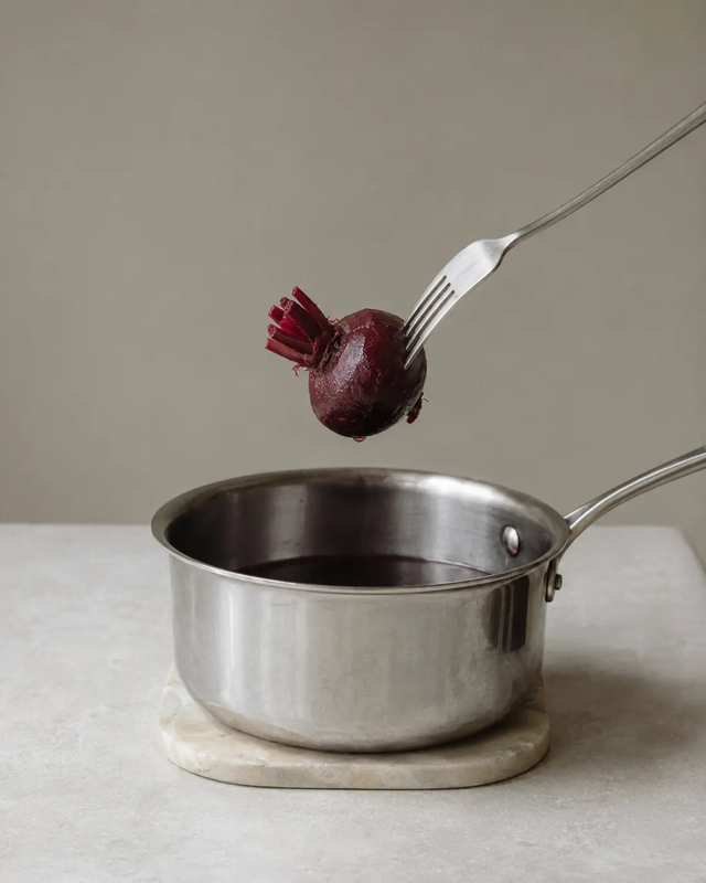 Cooked beetroot lifted with a fork above a stainless steel pot, showing that it is tender and ready, styled in a minimal editorial kitchen scene with neutral tones.