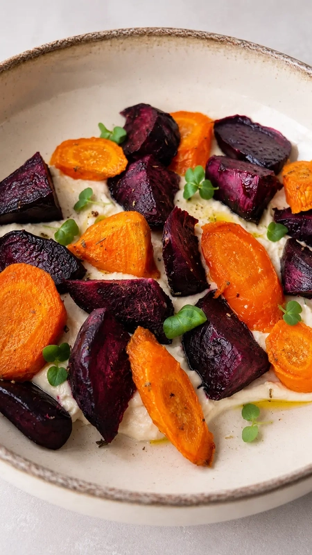 Roasted beetroot and carrots served over a creamy white base, finished with olive oil, herbs, and fresh microgreens.