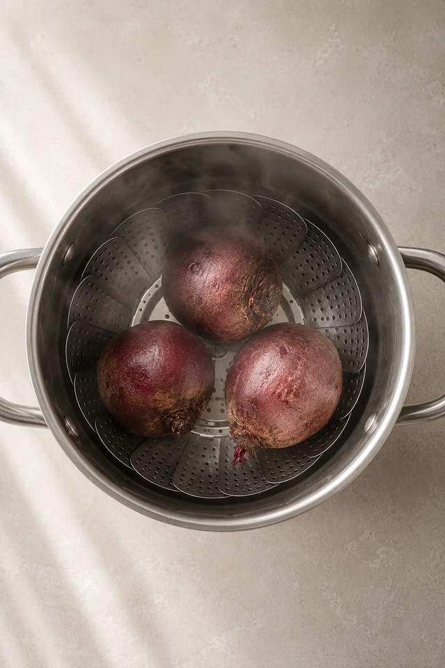 Boiled beetroot wedges served with fresh watercress on a ceramic plate, photographed from above on a light stone background.