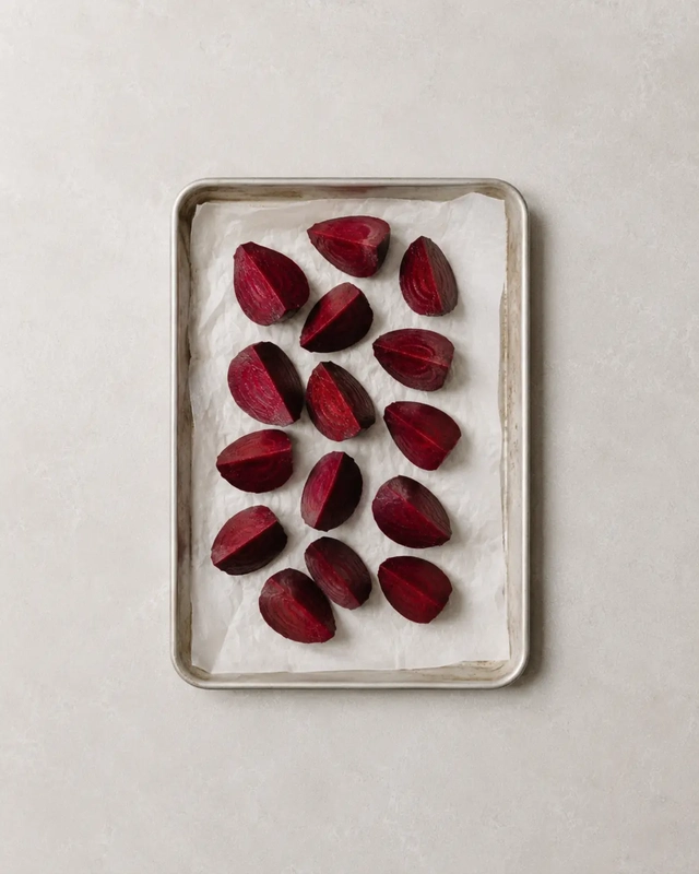 Beetroot wedges arranged on a baking tray before roasting.