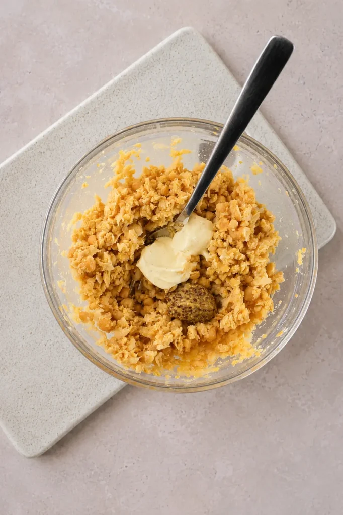 Vegan chickpea tuna salad base with mashed chickpeas before adding the creamy dressing.