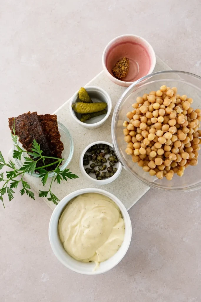 Vegan chickpea tuna salad ingredients with chickpeas, pickles, capers, mustard, vegan mayo, nori, and fresh parsley.