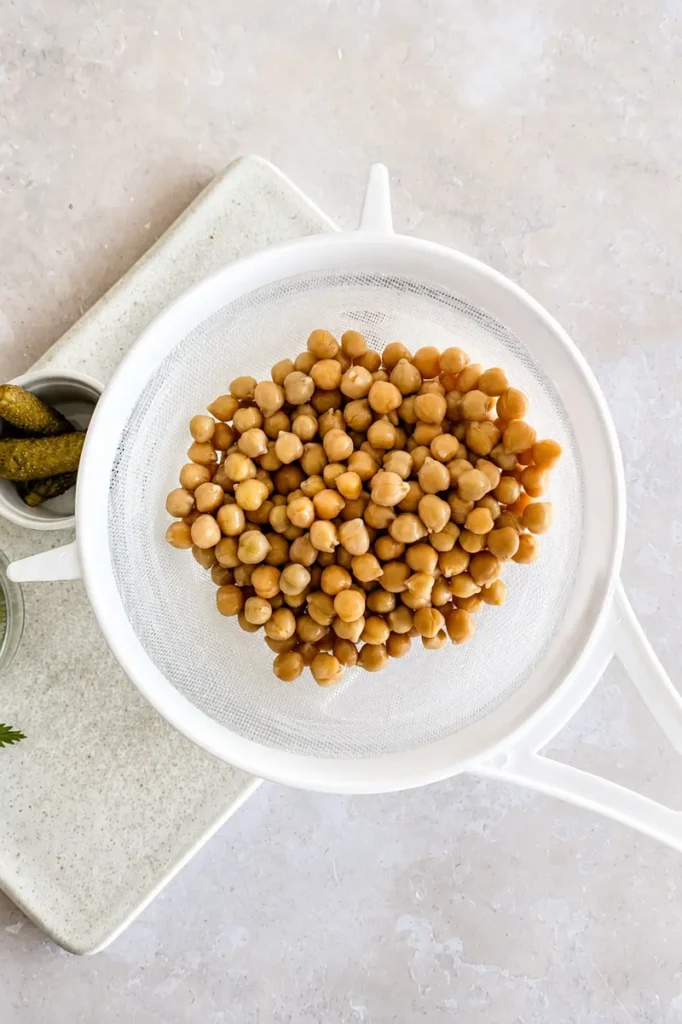 Vegan chickpea tuna salad preparation with drained chickpeas in a white mesh strainer.
