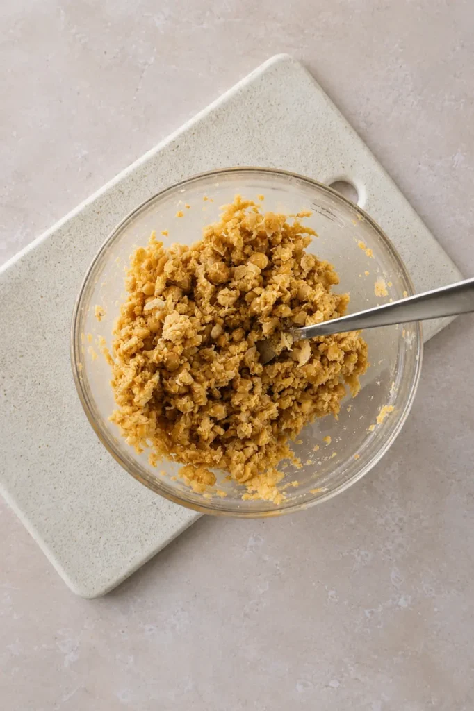 Vegan chickpea tuna salad chickpeas mashed in a glass bowl with a fork.