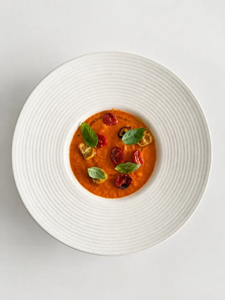 Creamy 3-ingredient tomato soup served with roasted cherry tomatoes, fresh basil leaves and a drizzle of olive oil.