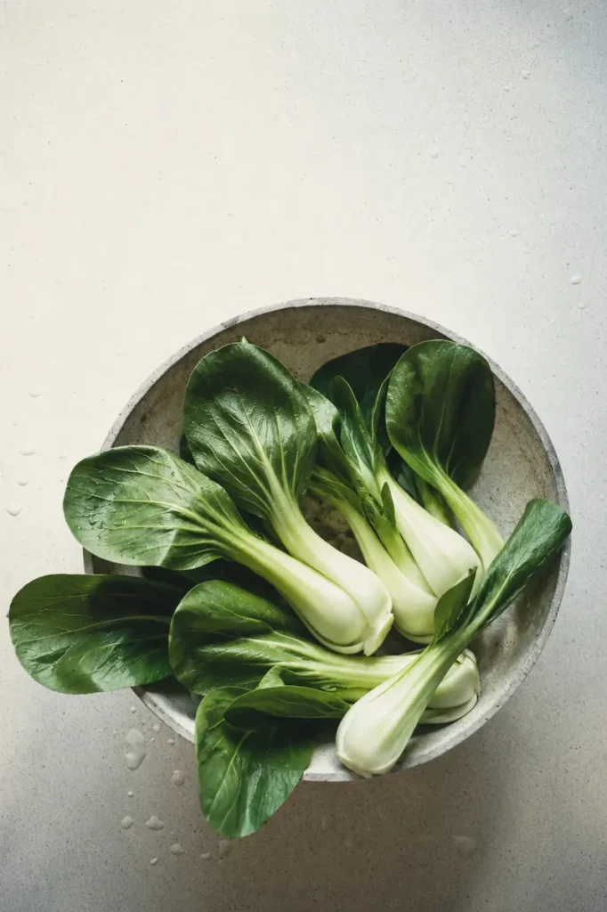 Is vegan diet healthy with fresh pak choi arranged in a rustic ceramic bowl on a light textured surface with soft natural light.