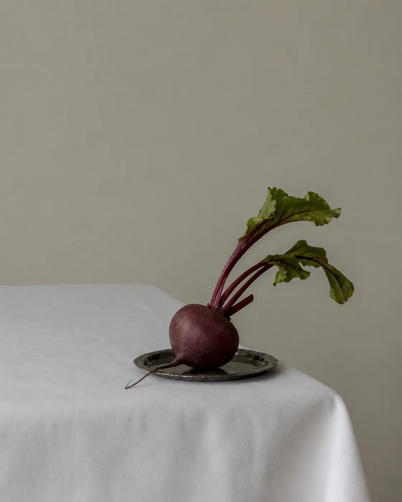 Is vegan diet healthy with a minimalist still life of a red beet on a small metal plate, placed on a white tablecloth against a soft neutral background.