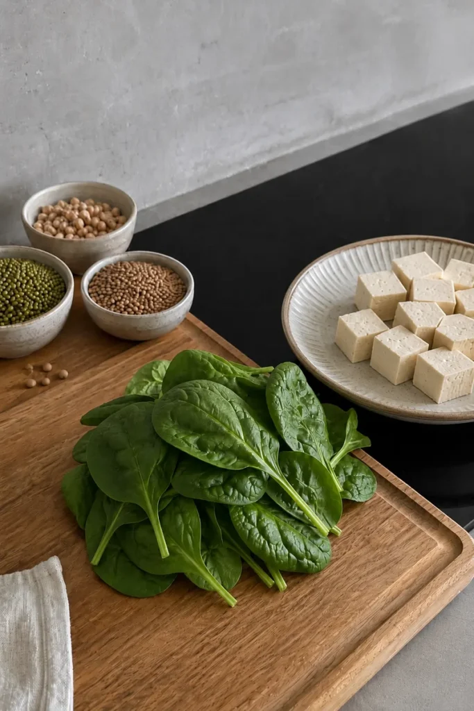 Is vegan diet healthy with fresh spinach on a wooden cutting board, ceramic bowls of legumes in the background, and cubed tofu arranged on an elegant plate in a minimalist kitchen setting.