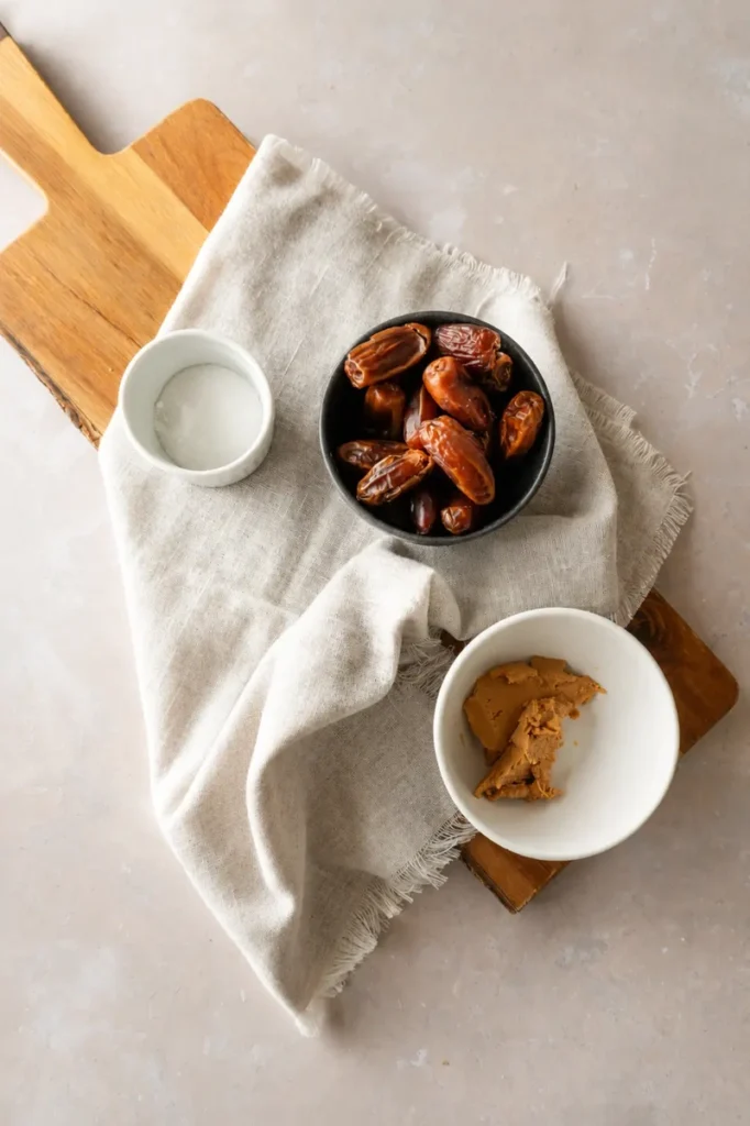 Medjool date caramel sauce ingredients with dates, peanut butter, and sugar arranged on a neutral linen cloth.