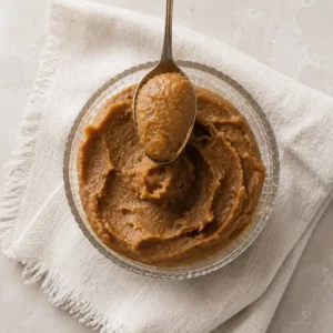 Medjool date caramel sauce spread over rustic oat cookies on a ceramic plate with a linen napkin.