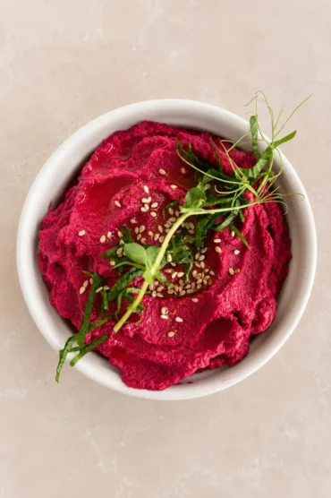 Pink hummus in a white bowl, topped with olive oil, sesame seeds, and fresh greens, shown in an overhead view on a light neutral surface.