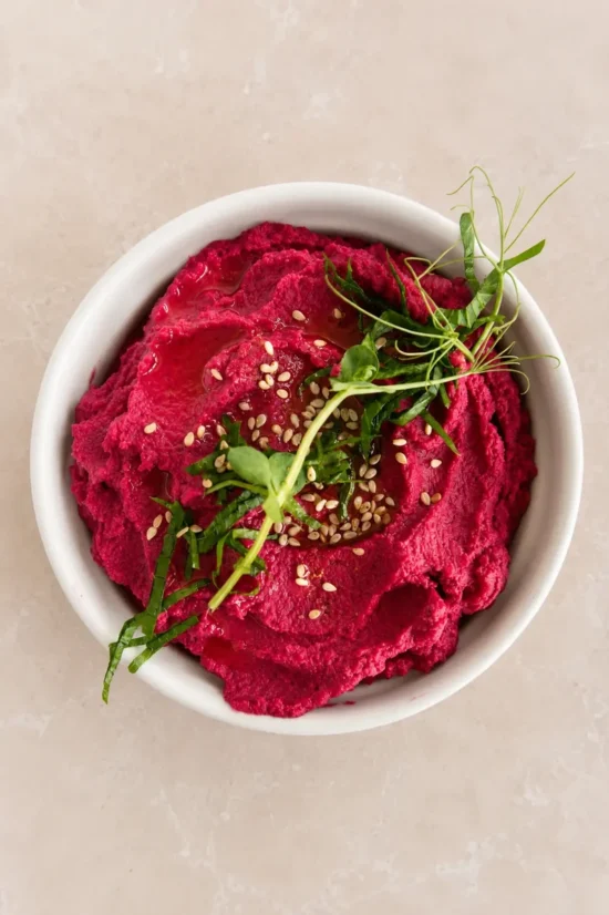 Pink hummus in a white bowl, topped with olive oil, sesame seeds, and fresh greens, shown in an overhead view on a light neutral surface.