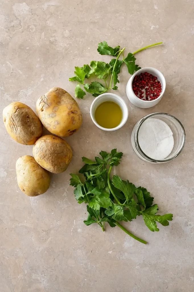 Potato salad ingredients arranged on a light surface, with potatoes, parsley, olive oil, pink peppercorns, and salt ready for preparation.