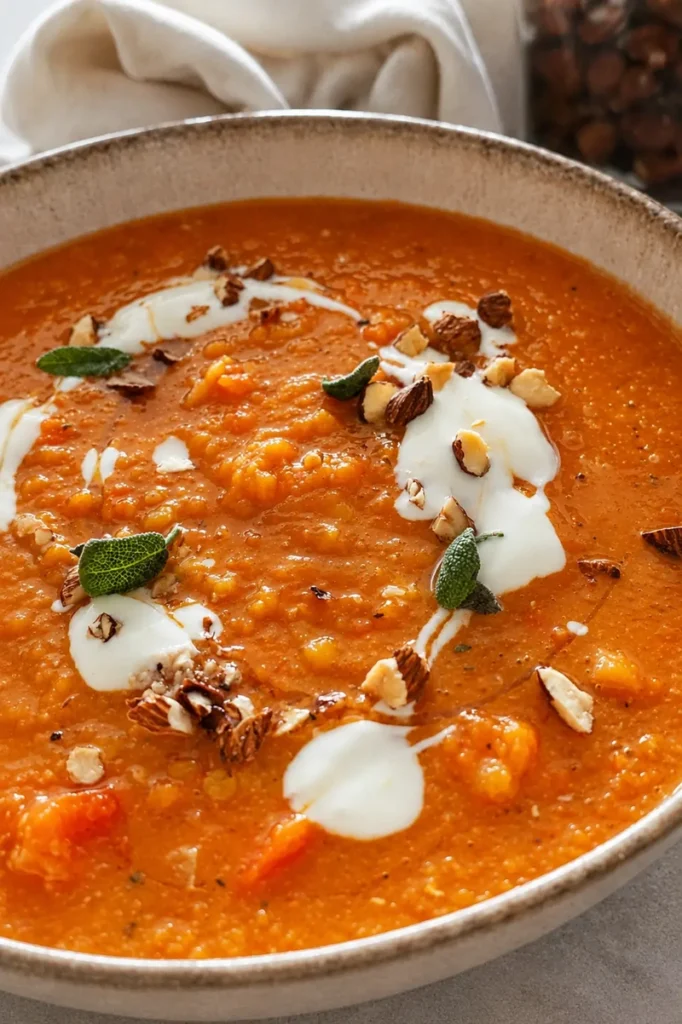 Pumpkin and red lentil soup served with creamy topping, chopped almonds, and fresh herbs.