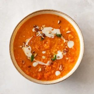 Pumpkin and red lentil soup in a bowl with cream swirls, almonds, and herbs on a neutral background.