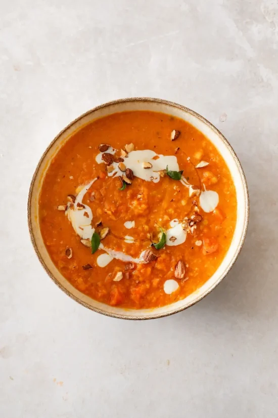 Pumpkin and red lentil soup in a bowl with cream swirls, almonds, and herbs on a neutral background.