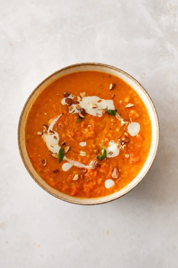 Pumpkin and red lentil soup in a bowl with cream swirls, almonds, and herbs on a neutral background.