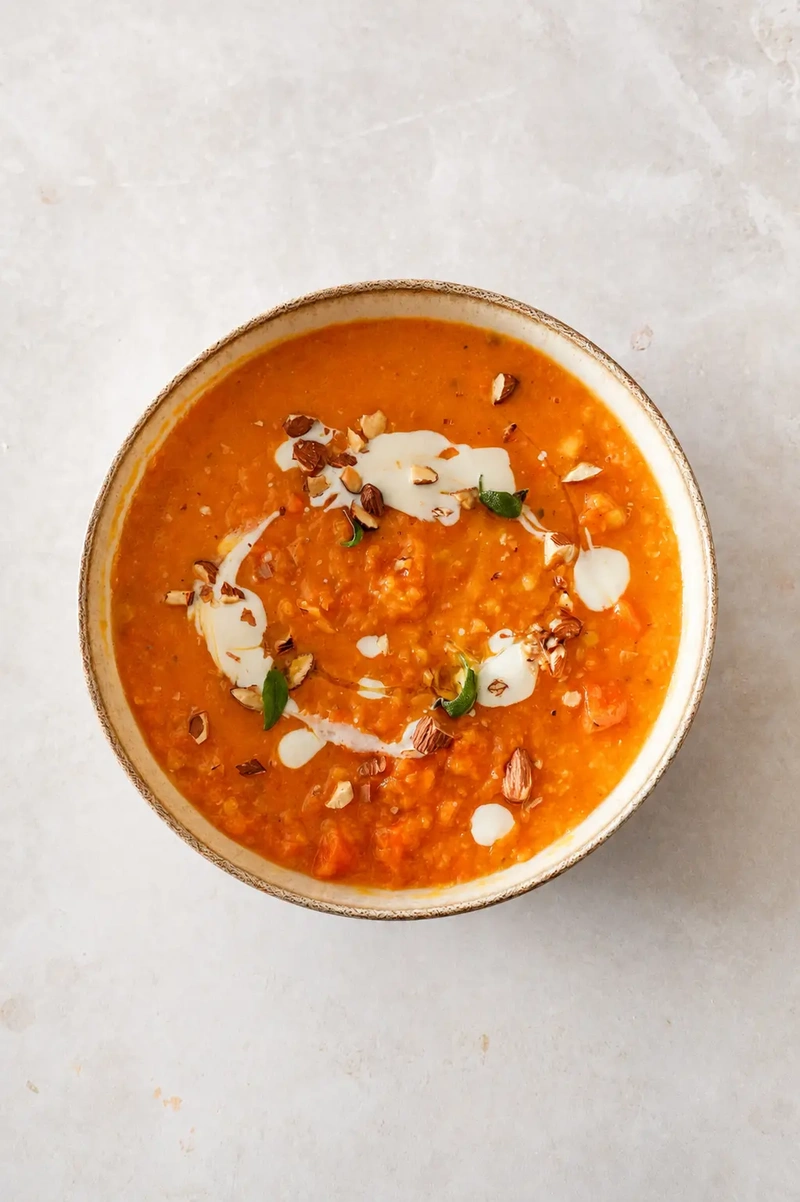 Pumpkin and red lentil soup in a bowl with cream swirls, almonds, and herbs on a neutral background.