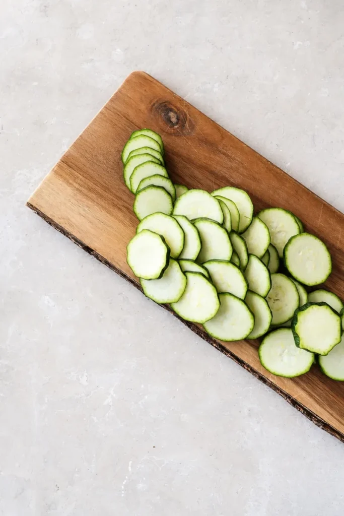 Zucchini recipe prep with thinly sliced zucchini rounds arranged on a rustic wooden board over a neutral stone background.