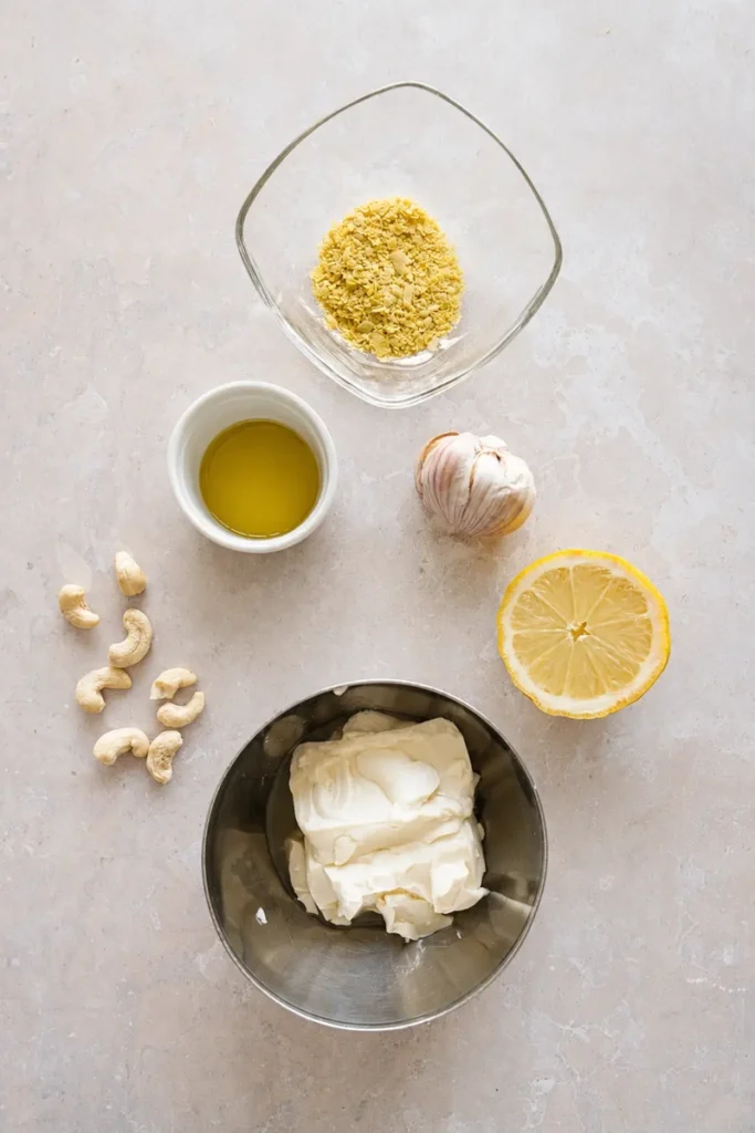 Vegan aioli ingredients with cashews, lemon, garlic, olive oil, nutritional yeast, and vegan cream cheese on a neutral stone surface.