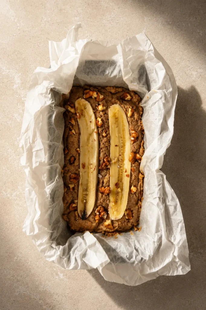 vegan gluten free banana bread batter poured into a loaf tin lined with parchment paper and topped with sliced banana and walnuts.