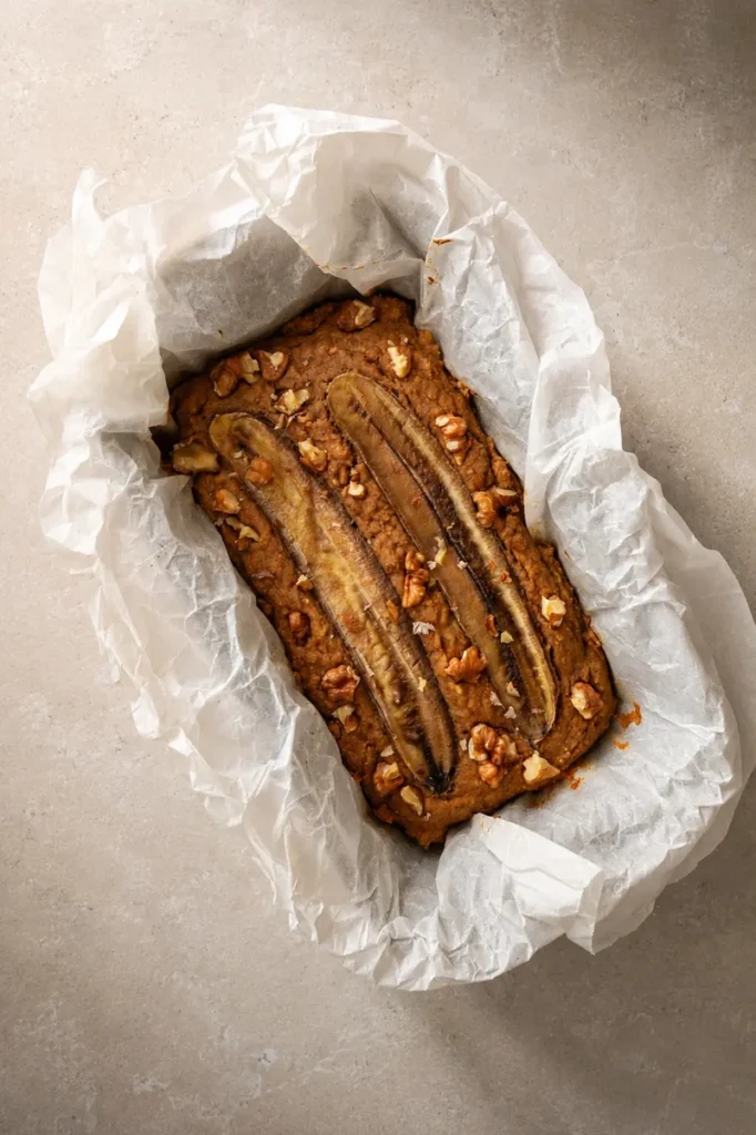 vegan gluten free banana bread freshly baked in a loaf tin with parchment paper, sliced banana, and walnuts on top.