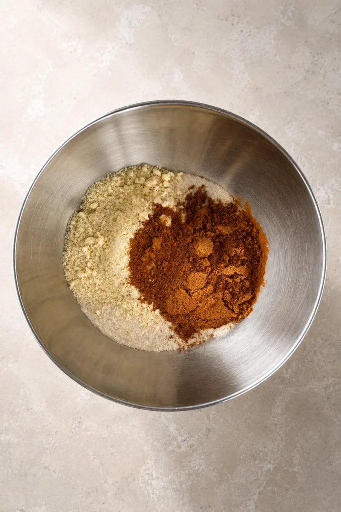 vegan gluten free banana bread dry ingredients mixed in a stainless steel bowl with almond flour, oat flour, and coconut sugar.
