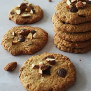 Vegan gluten-free oat cookies arranged on a table, with a chewy texture, crisp edges, and a soft homemade look.