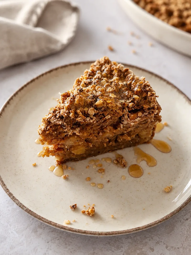Vegan apple cake recipe slice served on a ceramic plate, topped with crumble and drizzled with maple syrup.
